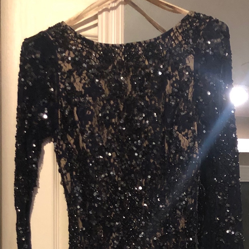 Aidan Mattox Navy Blue Lace Embellished Gown